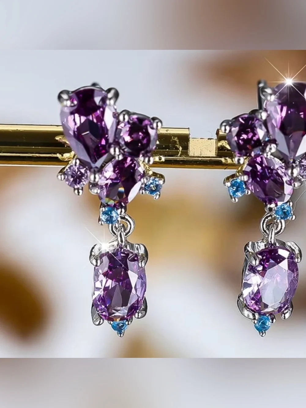 New! Purple CZ Drop Earrings - Sparkling Teardrop & Oval Design